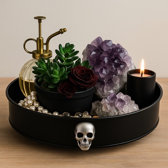 N/A Other - 552.🐣 Black Round Skull Accent Decorative Tray – 11.5” Metal Halloween Decor New